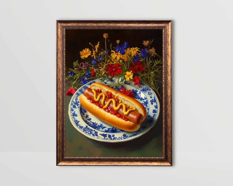 hot dog wall art,trendy wall art,quirky kitchen decor,fun food wall art,funny still life painting,bar cart wall art,fun kitchen decor,hot dog painting,funny kitchen art,moody colorful art,moody kitchen art,dark kitchen decor,moody floral art,moody food art,whimsical wall art,whimsical food art,funny food prints,food wall art,kitchen wall art,dining room wall art,wildflower kitchen art,foodie wall art,dorm room decor, dorm wall decor,diner wall art,dinner wall art,fun living room wall art