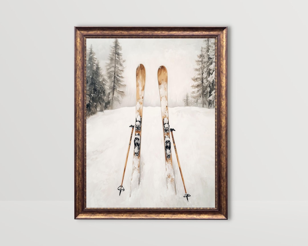 View of Skis | Vintage Ski Print, Winter Wall Art, Snowy Mountain Art, Vintage ...