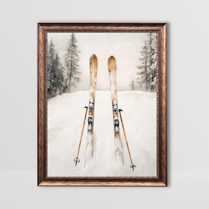 Skis | Vintage Ski Print, Winter Wall Art, Snowy Mountain Art, Vintage Apres Ski Painting Printable Rustic Ski Cabin Decor Nordic Skiing Art