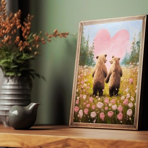 bear print,cottagecore valentine decor,valentines day gift,valentine wall art,valentines prints printable,romantic art print,love wall art,cute animal art,bear lover gift,anniversary gifts,cute bear art,bear couple art,couple gifts,impasto wall art