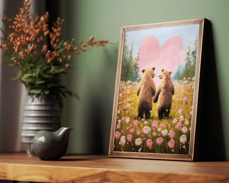 bear print,cottagecore valentine decor,valentines day gift,valentine wall art,valentines prints printable,romantic art print,love wall art,cute animal art,bear lover gift,anniversary gifts,cute bear art,bear couple art,couple gifts,impasto wall art