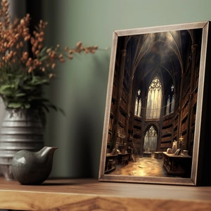 May include: A framed print of a dark, gothic library with high ceilings, arched windows, and bookshelves lining the walls. The room is lit by sunlight streaming through the windows, creating a warm glow.