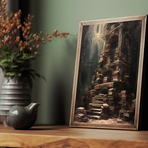 May include: A framed painting of a tower made of stacked books. The tower is in a dark, mysterious room with a light shining from above. The painting is in a brown frame.