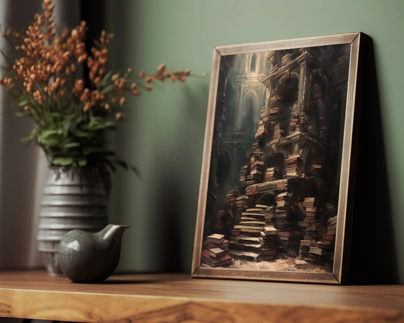 May include: A framed painting of a tower made of stacked books. The tower is in a dark, mysterious room with a light shining from above. The painting is in a brown frame.