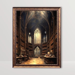May include: A painting of a large, dark, gothic library with tall bookshelves and a large window at the end of the room.