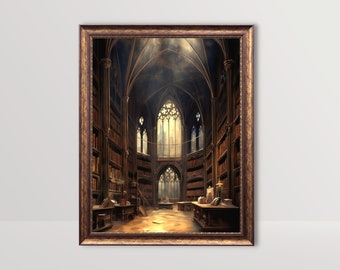 Antique Gothic Library | Books Vintage Oil Painting, Dark Academia Decor, Moody Goth Wall Art, Bookish Art Print Victorian Baroque Aesthetic