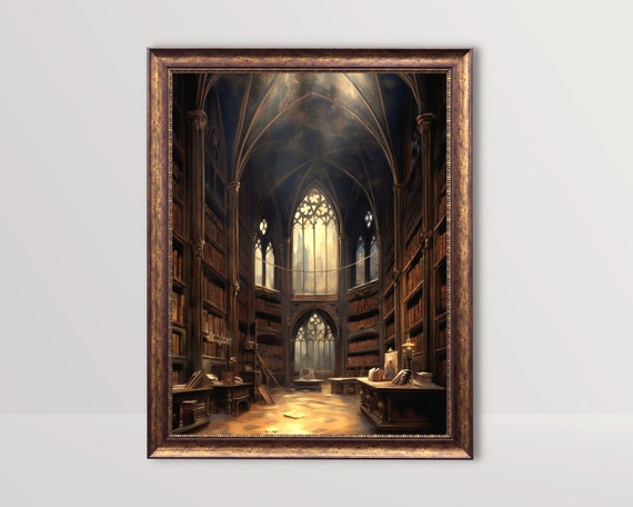 Antique Gothic Library | Books Vintage Oil Painting, Dark Academia Decor, Moody Goth Wall Art, Bookish Art Print Victorian Baroque Aesthetic