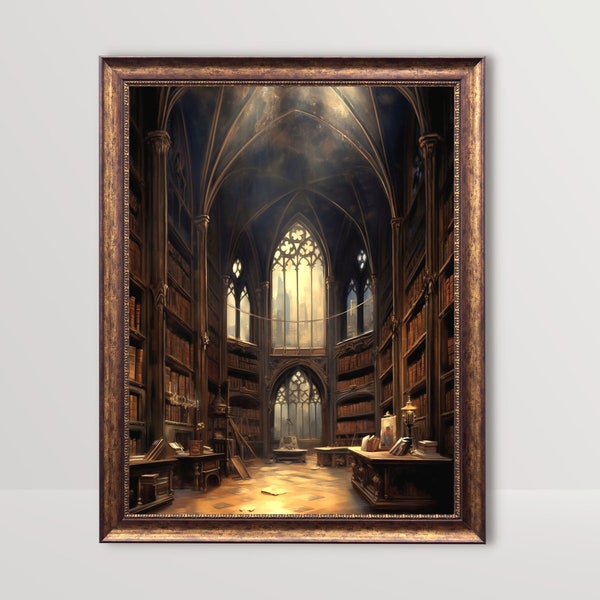 Antique Gothic Library | Books Vintage Oil Painting, Dark Academia Decor, Moody Goth Wall Art, Bookish Art Print Victorian Baroque Aesthetic