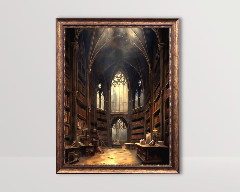 May include: A painting of a large, dark, gothic library with tall bookshelves and a large window at the end of the room.