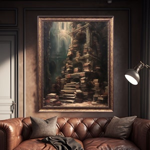 May include: A painting of a large, towering structure made entirely of books. The books are stacked in a seemingly random order, creating a complex and intricate design. The painting is set in a dark, mysterious room, with a single light source illuminating the structure from above. The painting is framed in a gold frame.