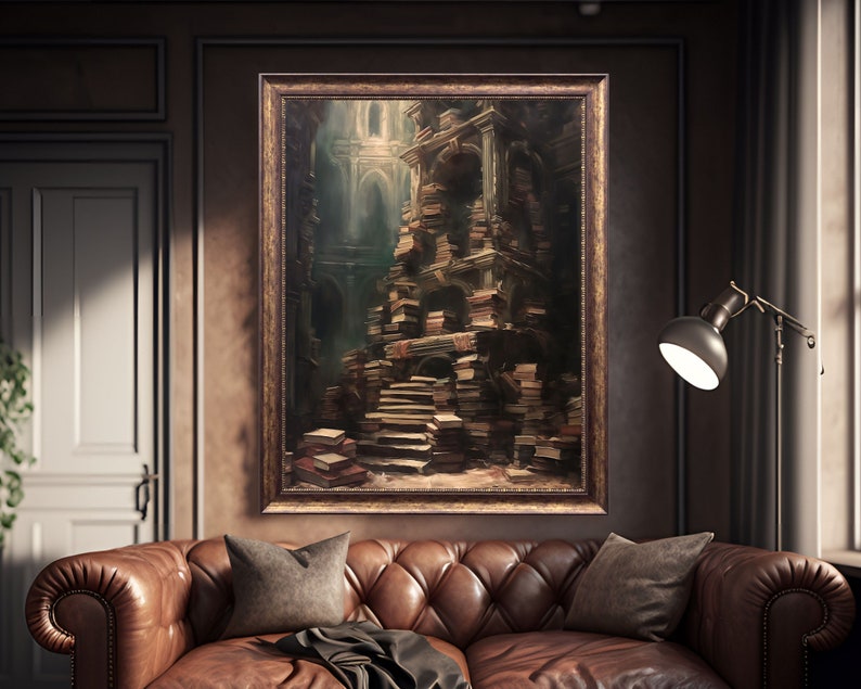 May include: A painting of a large, towering structure made entirely of books. The books are stacked in a seemingly random order, creating a complex and intricate design. The painting is set in a dark, mysterious room, with a single light source illuminating the structure from above. The painting is framed in a gold frame.