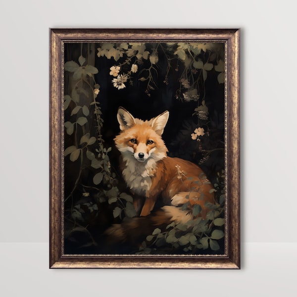 Forest Fox | Dark Cottagecore Print, Vintage Oil Painting, Botanical Moody Wall Art, Witchy Aesthetic Witch Room Decor, Whimsical Fox Poster