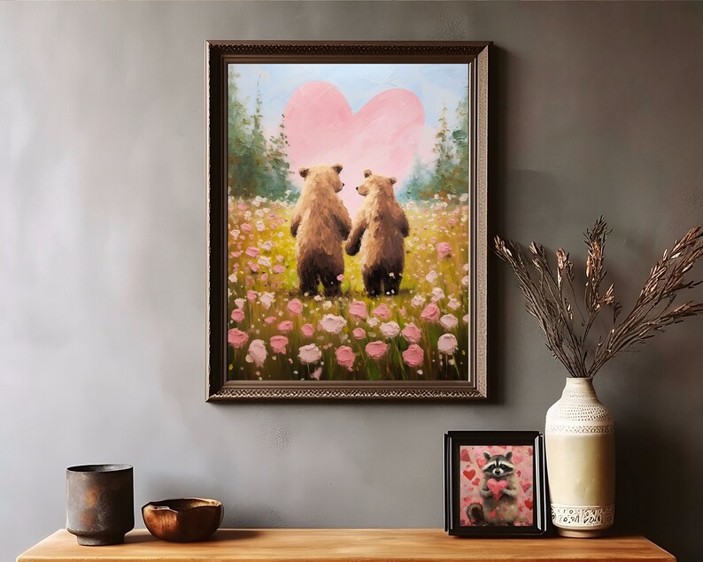 bear print,cottagecore valentine decor,valentines day gift,valentine wall art,valentines prints printable,romantic art print,love wall art,cute animal art,bear lover gift,anniversary gifts,cute bear art,bear couple art,couple gifts,impasto wall art