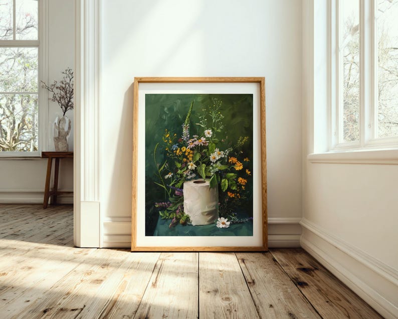 toilet paper art, bathroom wall art, bathroom wall decor, funny bathroom art, toilet wall art, bathroom wall art, botanical prints, botanical bathroom, green bathroom decor, dark bathroom decor, floral bathroom art, botanical wall art, moody wall art, cottagecore decor, dark cottagecore art, funny bathroom art, toilet painting, toilet art, moody green art, moody bathroom art, powder room art, guest bathroom art, toilet paper flowers, dark green painting, guest bath print, guest bathroom print