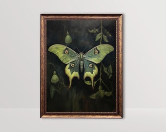 Actias Luna Moth / Pintura Dark Cottagecore, Decoración gótica botánica, Witchy Green Academia Print Vintage Goth Wall Art Whimsigoth imprimible