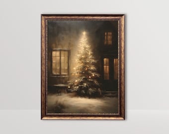 Moody Christmas Tree | Rustic Holiday Wall Art, Winter Night Dark Academia Print, Vintage Oil Painting Xmas Printable Gothic Farmhouse Decor