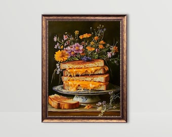 Grilled Cheese | Fun Food Wall Art, Moody Kitchen Funny Still Life Painting Bar Cart Art Dark Whimsical Prints Wildflowers Cottagecore Print