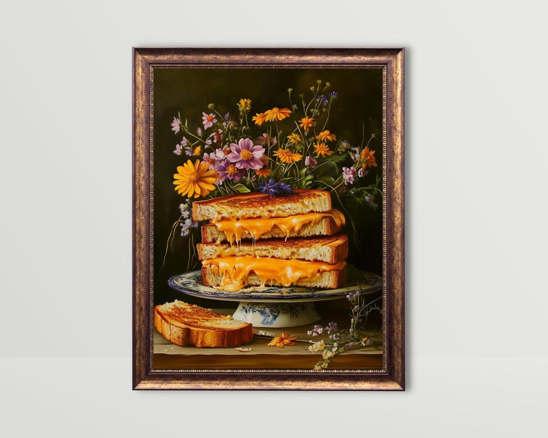 grilled cheese art,fun kitchen wall art,funny kitchen art,funny food art,bar cart art,moody kitchen art,moody food print,still life painting,kitchen flower art,cottagecore decor,fun kitchen posters,dark kitchen prints,food painting,whimsical wall art