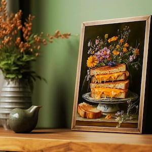grilled cheese art,fun kitchen wall art,funny kitchen art,funny food art,bar cart art,moody kitchen art,moody food print,still life painting,kitchen flower art,cottagecore decor,fun kitchen posters,dark kitchen prints,food painting,whimsical wall art