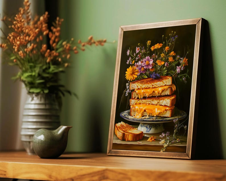 grilled cheese art,fun kitchen wall art,funny kitchen art,funny food art,bar cart art,moody kitchen art,moody food print,still life painting,kitchen flower art,cottagecore decor,fun kitchen posters,dark kitchen prints,food painting,whimsical wall art