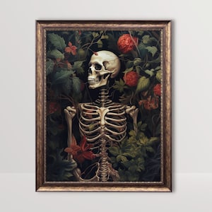 Botanical Skeleton | Dark Cottagecore Goth Print, Floral Moody Vintage Painting, Gothic Wall Decor Sugar Skull Art Poster Oddities Printable
