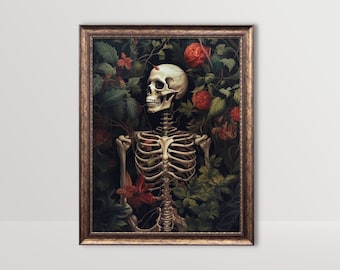 Botanical Skeleton | Dark Cottagecore Goth Print, Floral Moody Vintage Painting, Gothic Wall Decor Sugar Skull Art Poster Oddities Printable