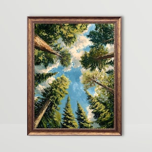 May include: A framed artwork depicts a view looking up through tall trees towards a blue sky with fluffy white clouds. The trees are various shades of green and brown, and the frame is a dark, ornate wood.
