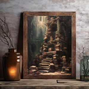 May include: A framed painting of a towering structure made of stacked books in a dimly lit room. The books are arranged in a spiral shape, creating a sense of mystery and intrigue.