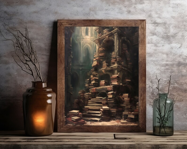 May include: A framed painting of a towering structure made of stacked books in a dimly lit room. The books are arranged in a spiral shape, creating a sense of mystery and intrigue.