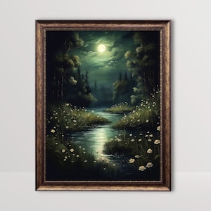 Paisagem noturna | Impressão de cottagecore escuro, arte de parede temperamental, pintura a óleo vintage de rio iluminado pela lua, decoração de academia verde, estética de pôster de luar