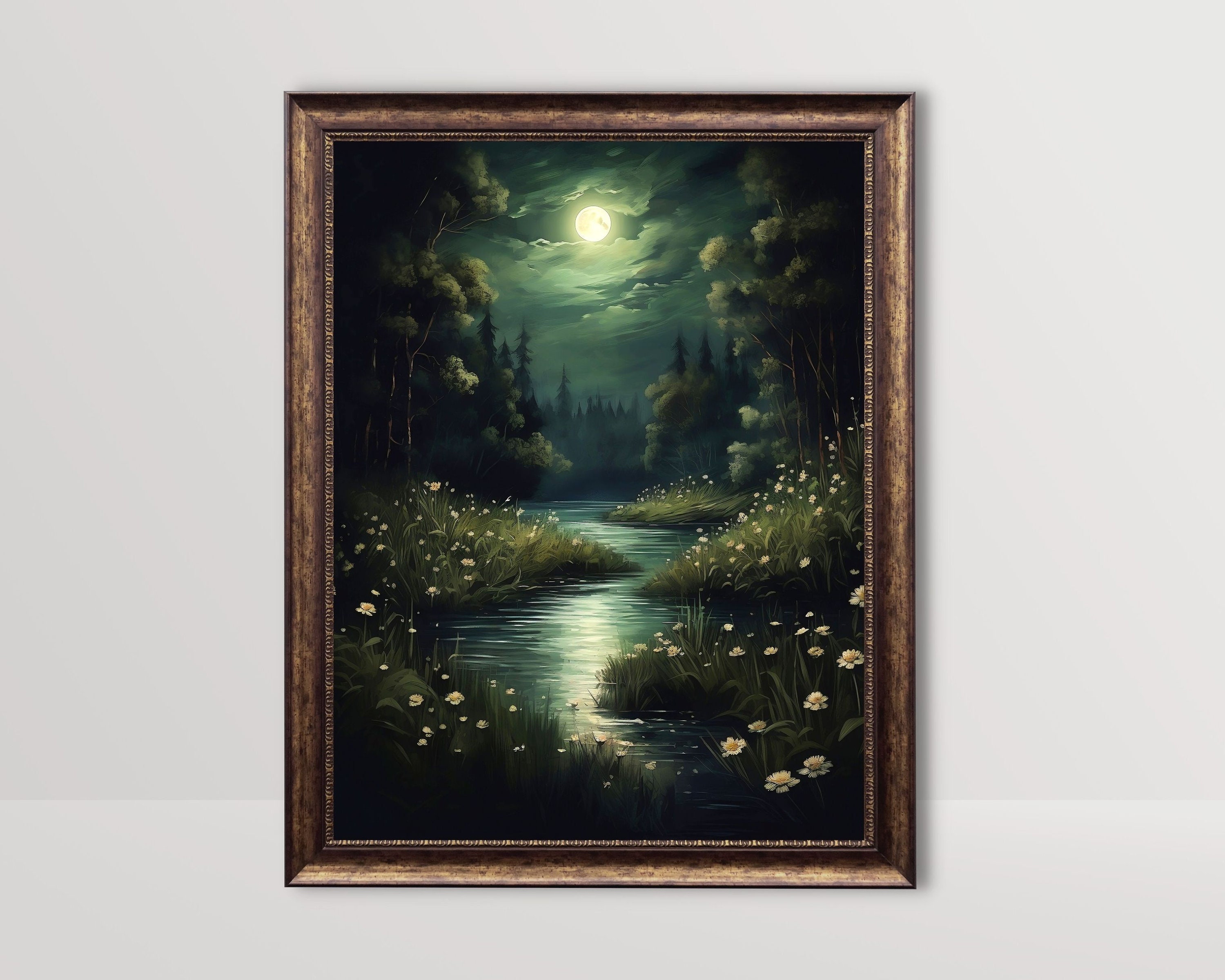 Night Landscape | Dark Cottagecore Print, Moody Wall Art,Moonlit River Vintage Oil Painting,Green Academia Decor, Moonlight Poster Aesthetic