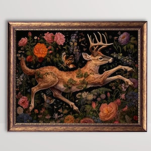 Deer | Dark Floral Gothic Cottagecore Art, Botanical Moody Painting, Goth Wall Art Decor, Fairycore Printable, Dark Academia Print Aesthetic