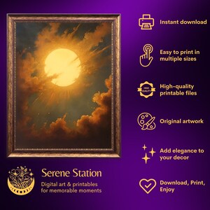 May include: A digital art print of a golden sun shining through clouds. The print is framed in a gold frame and has the text "Serene Station" and "Digital art & printables for memorable moments" below the image.