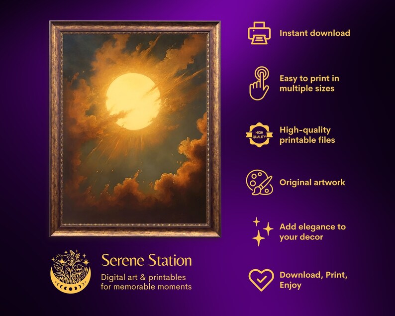 May include: A digital art print of a golden sun shining through clouds. The print is framed in a gold frame and has the text "Serene Station" and "Digital art & printables for memorable moments" below the image.
