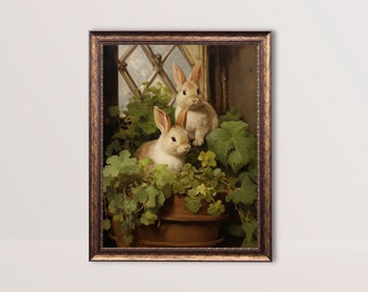 Conejitos en la conejera / Conejo pintura al óleo rústica granja decoración arte de Pascua impresión Cottagecore primavera pared arte bebé animal vivero imprimible