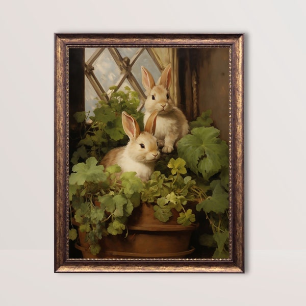 Bunnies in the Hutch | Rabbit Oil Painting Rustic Farmhouse Decor Easter Art Print Cottagecore Spring Wall Art Baby Animal Nursery Printable