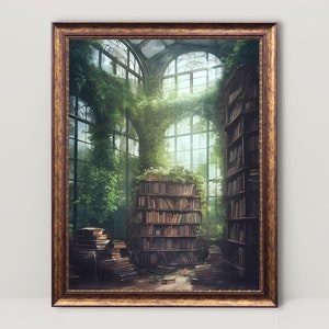 May include: A framed painting of a room overgrown with plants and vines. The room features a large bookshelf filled with books. The windows are covered in greenery, and the room is bathed in soft light.