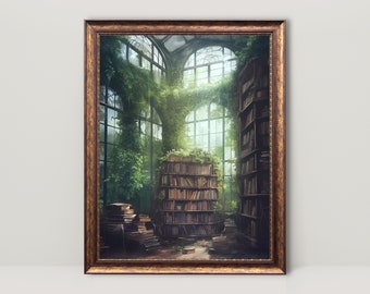 Old Abandoned Overgrown Library Oil Painting Printable, Dark Academia, Botanical Wall Art, Bibliophile Fantasy Art, Cottagecore Aesthetic