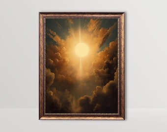 May include: A framed painting of a bright, golden sun shining through fluffy white clouds. The sun is in the center of the image and is surrounded by a halo of light. The clouds are arranged in a swirling pattern around the sun.
