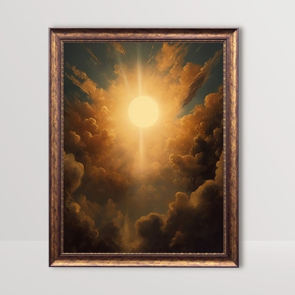 Sun and Clouds | Vintage Celestial Oil Painting, Cloud Sun Sky Art Print, Witchy Printable, Gothic Room Aesthetic, Goth Sun Burst Wall Decor