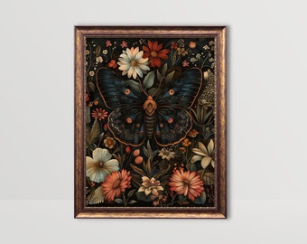 Zwarte vlinder | Botanische nachtvlinder kunst aan de muur, donkere Academia prints, gotische Cottagecore decor, humeurige bloemenprint Goth vintage bloemen afdrukbaar
