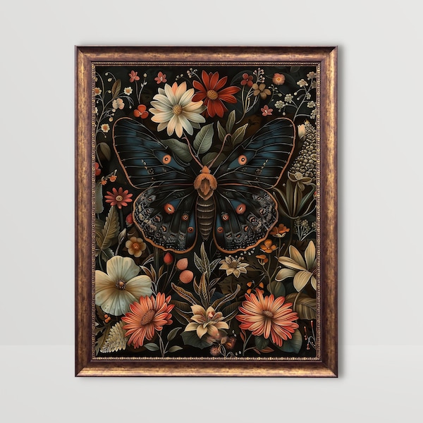 Black Butterfly | Botanical Moth Wall Art, Dark Academia Prints, Gothic Cottagecore Decor, Moody Floral Print Goth Vintage Flowers Printable