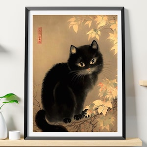 Japanese Cat Poster, Cat Art Printable, Black Cat, Animal Wall Art Decor, Animal Art Print, Cat Lovers Gift, Black Cat Poster, Oriental Art