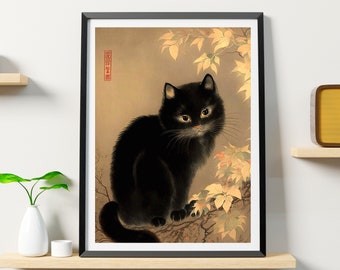 Japanese Cat Poster, Cat Art Printable, Black Cat, Animal Wall Art Decor, Animal Art Print, Cat Lovers Gift, Black Cat Poster, Oriental Art