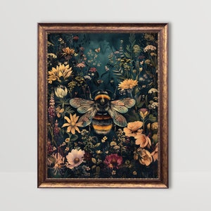 Biene | Insekt Wandkunst, Vintage Wildblumen druckbare Malerei Blumen Gothic stimmungsvoller Druck Goth Cottagecore Dekor Dark Academia Prints