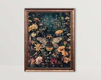 Botanical Bee | Insect Wall Art, Vintage Wildflower Printable Painting Floral Gothic Moody Print Goth Cottagecore Decor Dark Academia Prints