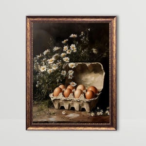 Eggs | Kitchen Wall Art, Moody Still Life Painting Dark Whimsical Food Print Vintage Groceries Printable Flowers Egg Carton Breakfast Prints