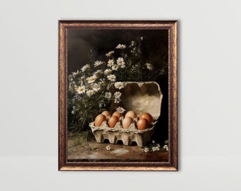 May include: A painting of a dozen brown eggs in a cardboard egg carton, surrounded by white daisies in a dark green vase. The eggs are arranged in a circle, with the daisies surrounding them. The background is a dark brown.