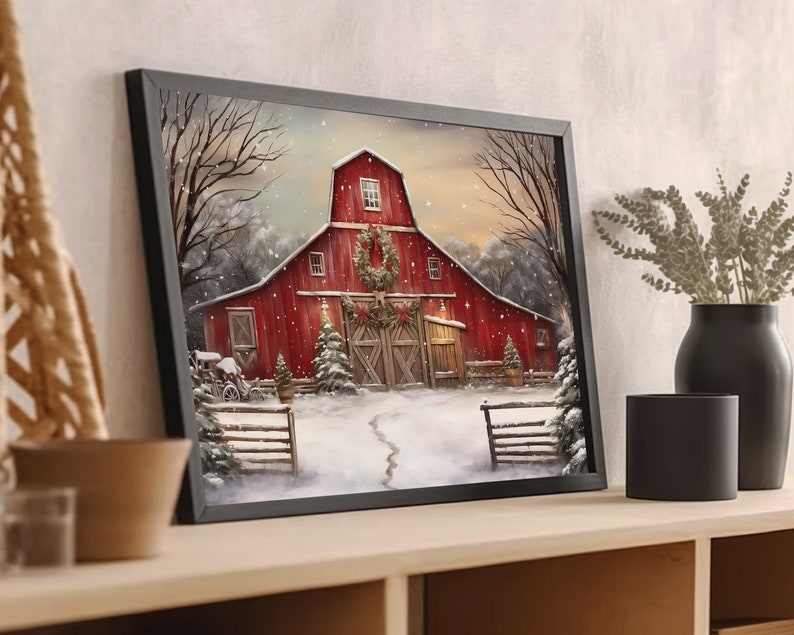 Christmas Farm Red Barn | Rustic Holiday Decor, Festive Wall Art ...