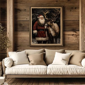 dark christmas decor,moody christmas art,dark academia decor,santa reindeer print,reindeer wall art,santa wall art,black background art,vintage christmas,vintage santa claus reindeer print,santa printable,vintage winter print,dark academia santa